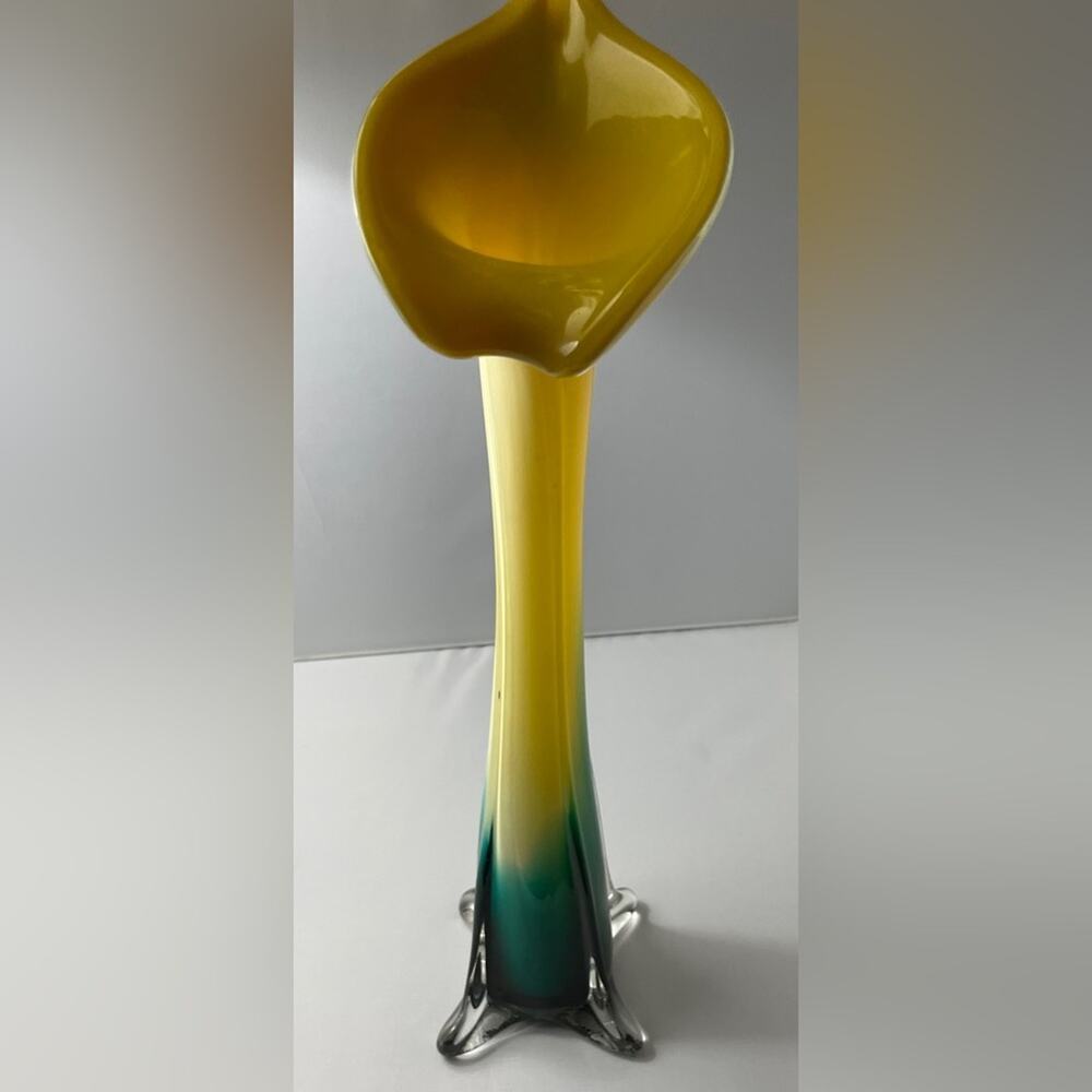 Hand Blown Jack In The Pulpit Calla Lily Art Glass Vase 15.5" Ombre Yellow Teal‎ - Picture 11 of 12